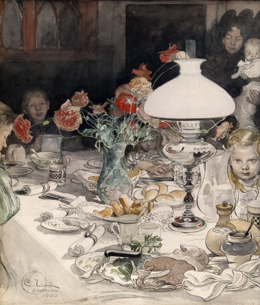 Carl Larsson, Kring aftonlampan,Akvarell 1900