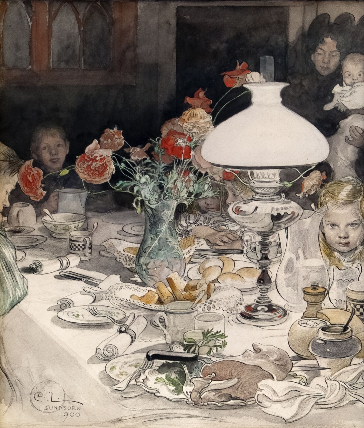 Carl Larsson, Kring aftonlampan, 1900. Akvarell. Foto: Tord Lund/Thielska Galleriet