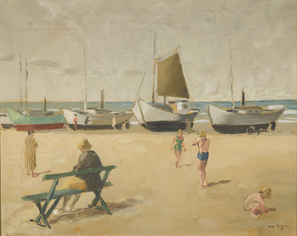 Akke Kumlien, Lekande barn på badstrand med båtar, 1939, privat ägo. Foto: Per Myrehed