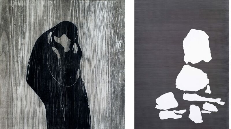 Fom left: Edvard Munch, The Kiss IV, 1902 and Andreas Eriksson, Untitled, 2022