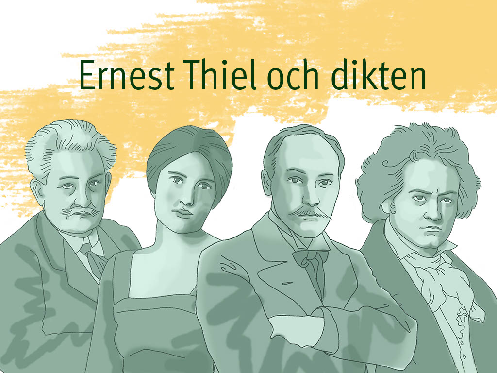 Evenemangsbild med bilder på de fyra tonsättarna som representeras i konsert nr III: Ernest Thiel och dikten.