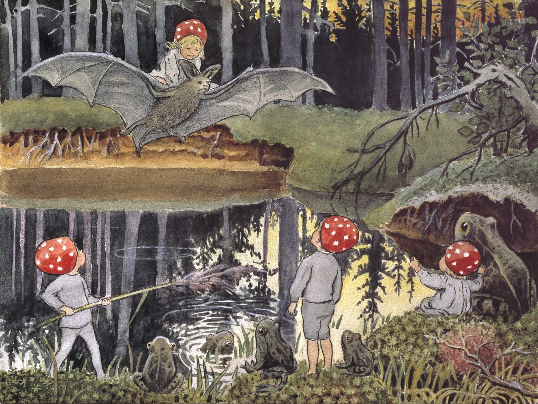Elsa Beskow, Tomtebobarnen, färgplansch till 3:e uppslaget. Foto: Nationalmuseum